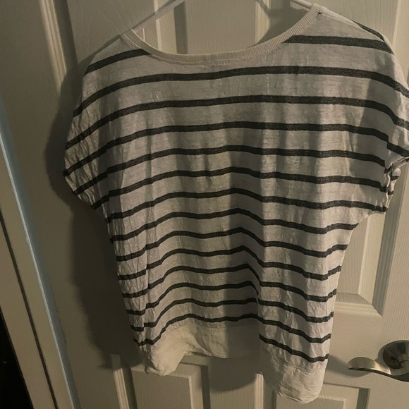 CAbi Women's Black & Gray Striped Linen Round Neck Cap Sleeve T-Shirt - Picture 2 of 2